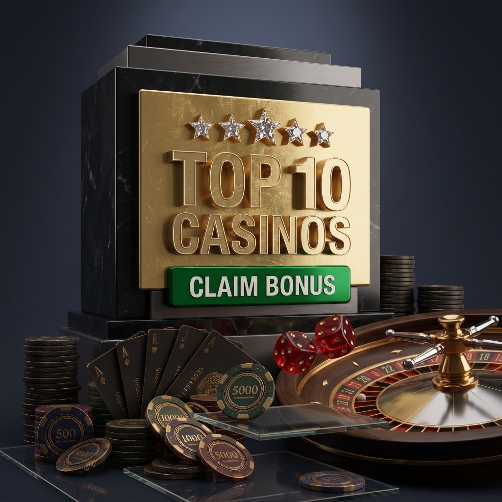 Roulette wheel, playing cards and casino chips arranged around a gold plaque.